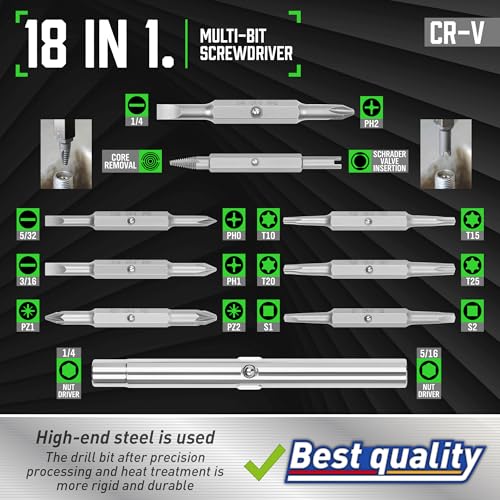 Image of Amartisan 18-in-1 Multi-bit Screwdriver Set Tool All in One, Portable Multi-Purpose Screwdriver, Slotted /Philips /Pozi /Torx /Square,Nut Driver (Green)
