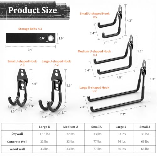 Housolution Steel Garage Hooks - 18Pack Anti-Slip Coating, Heavy Duty Wall Mount Hooks for Bikes, Garden Tools, Ladders, Hose, Bulk Items Ropes, Garage Tool Organizer with Extension Cord Wrap, Black by Housolution - Image 3