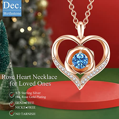 Rose Heart Necklace December Birthstone Blue Topaz Jewelry For Women Sterling Silver Rose Flower Heart Pendant Created Gemstone Women Girls Jewelry For Birthday Gift Anniversary Jewelry Gift For Her (Rose Gold-12-Dec.blue Topaz) #TOP2