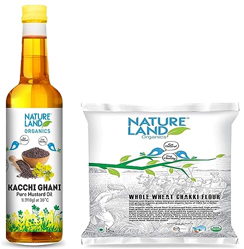 Image of Natureland Organics Whole Wheat Flour 5 Kg - Organic Wheat Flour & Natureland Organics Kachhi Ghani Pure Mustard Oil 1 LTR - Cold Pressed