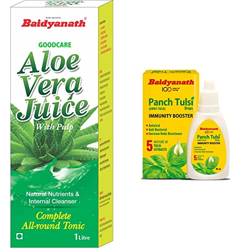 Image of Baidyanath Aloe Vera Juice with Pulp - An All-Round Tonic for Skin and Hair - 1L & Baidyanath Panch Tulsi Drops - Immunity Booster - 30 ml