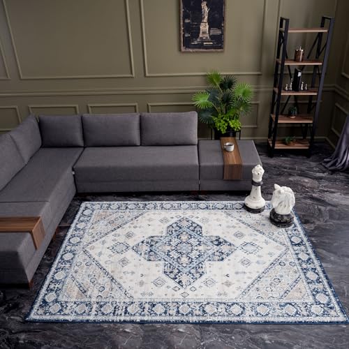 Image of THE RUGS Montana Rug - Modern & Oriental Low Pile Area Rugs Living room, Bedroom, Kitchen, Soft Low Pile, Pet-Friendly, Easy to Clean [Navy Bordered Design, 240x340 cm]