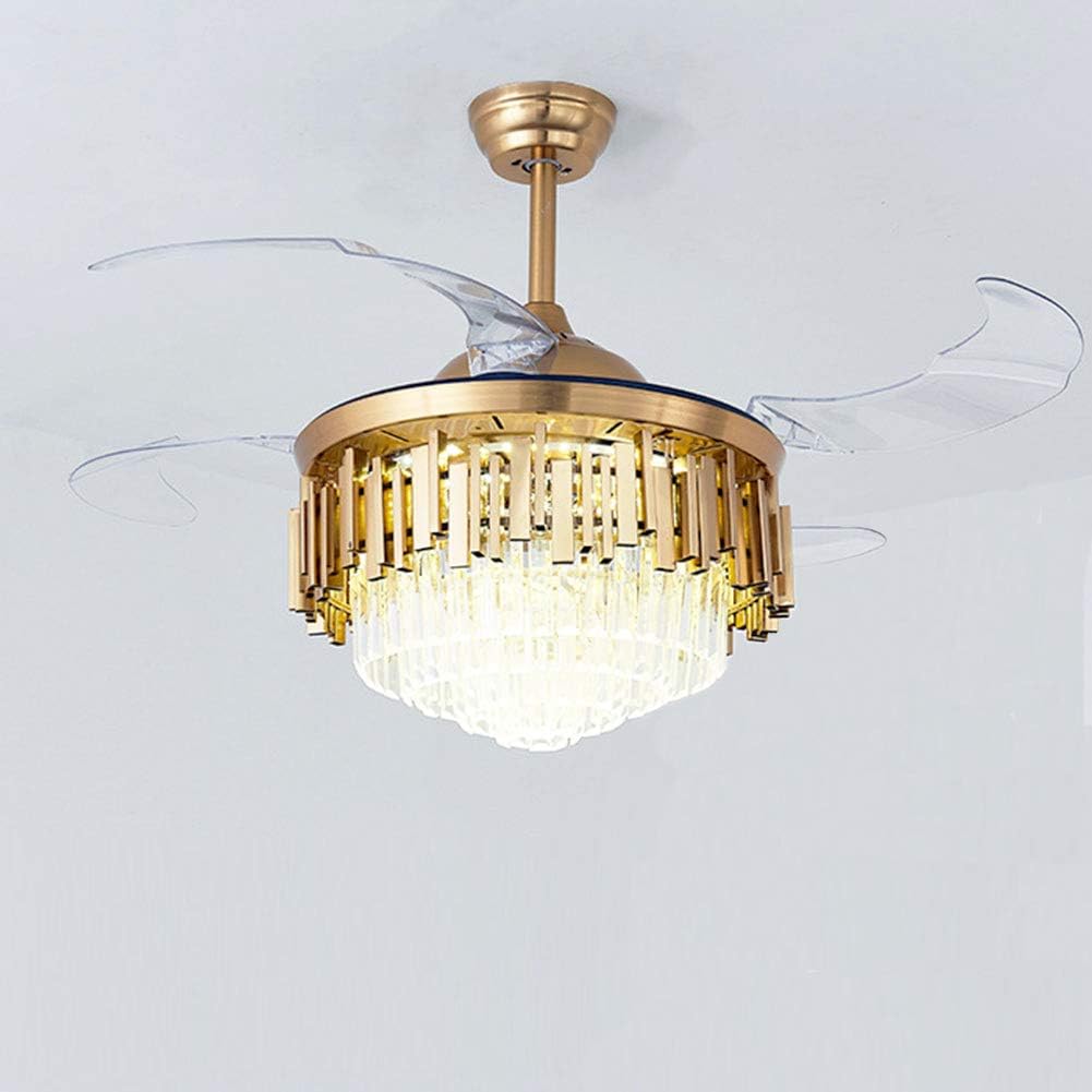 OUKANING 42inch Crystal Chandelier Ceiling Light LED - 4 Acrylic Automatic Retractable Crystal Fan Blade Ceiling Lamp for Living Room/Dining Room/Hall (Black)