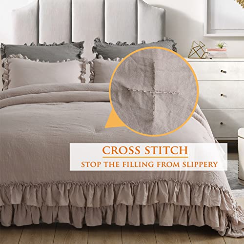 Masaca Taupe Ruffled Comforter Set For Queen Bed,3 Pieces Vintage Farmhouse Shabby Bedding Set Lightweight Ultra Soft French Country Bedding (1 Farmhouse Comforter +2 Pillowcases) #TOP4