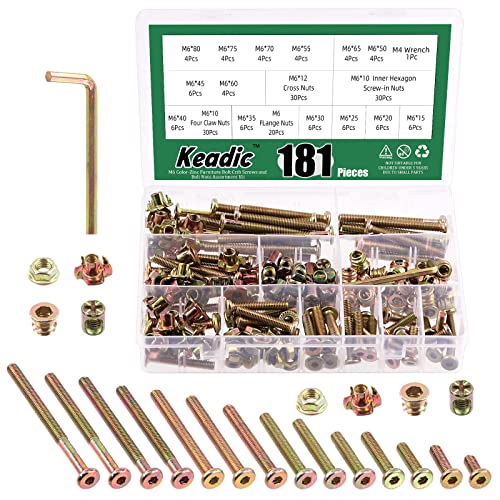 Keadic 181 Pcs M6 Zinc Plated Furniture Screw Hardware Replacement Kit Contains Hex Socket Cap Bolts Barrel Nuts