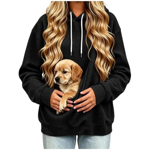 Dog Pouch Sweatshirt Pet Pouch Hoodie Women Kangaroo Pocket Dog Cat Carrier Soft Waffle Pullover Sudaderas para Mujer En Oferta Wardrobe Capsule Women Over 40 Black S - image 1