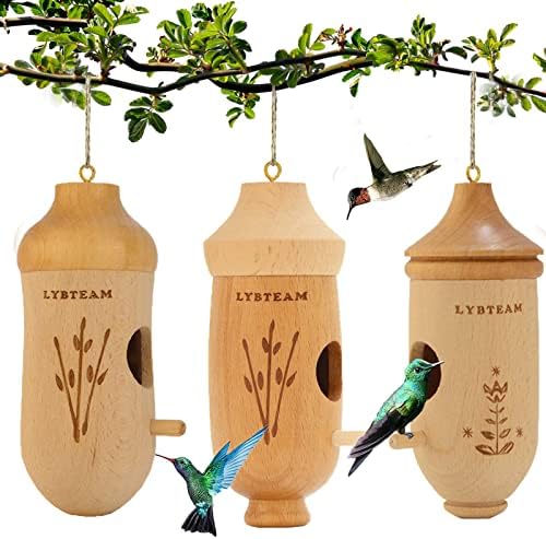 2023 Hummingbird Houses - Natural Wooden Hummingbird Houses for Outside Hanging, Hummingbird Swinging Hummingbird Nest, Bird Houses for Garden Window Outdoor Home, 3 Packs