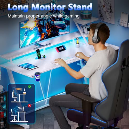 Image of Korfile 55 Inch White Gaming Desk with LED Lights & Power Outlet, Gaming Computer Desk with Storage Shelves, L Shaped Gamer Workstations with Monitor Stand for Bedroom