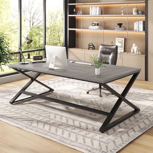 IBF Grand Bureau d'Ordinateur 180cm de Long pour Bureau Table d'Ordinateur en Bois et Métal pour Chambre Chêne Gris