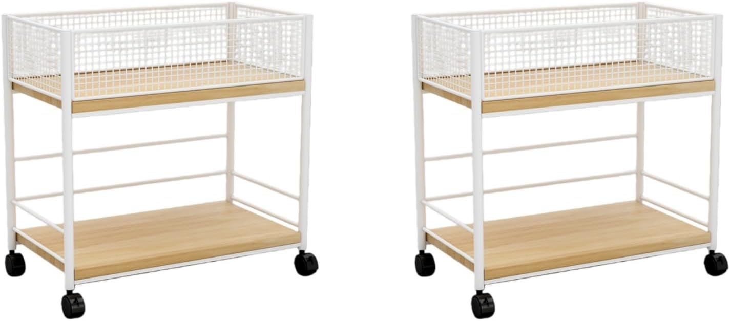 クローゼット収納 ラック ストッパー付きキャスター 上段かご・下段棚板 ネット・棚板取り外し可能 ナチュラル リビング収納 洗面所収