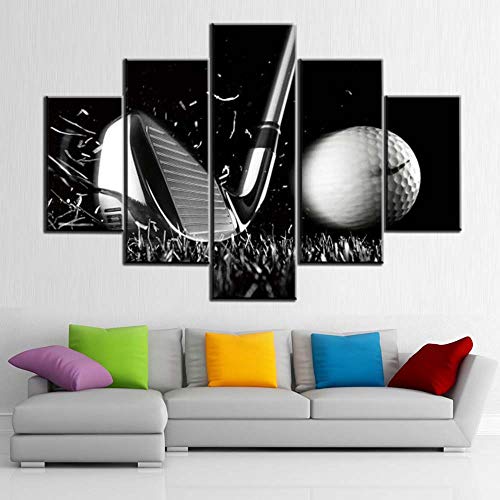 Black and White Paintings Golf Pictures 5 Panel Canvas Golf Ball Wall Art for Living Room Golfing Sport Artwork Contemporary Home Decor Giclee Framed Ready to Hang Posters and Prints(60''Wx40''H)