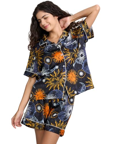 Image of YiNi LuLu Womens Silk Satin Shorts Pajamas Set Button Down 2 Piece Pjs Short Sleeve Oversized Sleepwear with Pockets