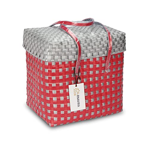 Image of Arnavira Handmade Multipurpose Basket with Lid 4L Used for Organiser, Makeup Items Storage,Kids Tiffin (18x12x19 cm) (Red Silver, X Small)