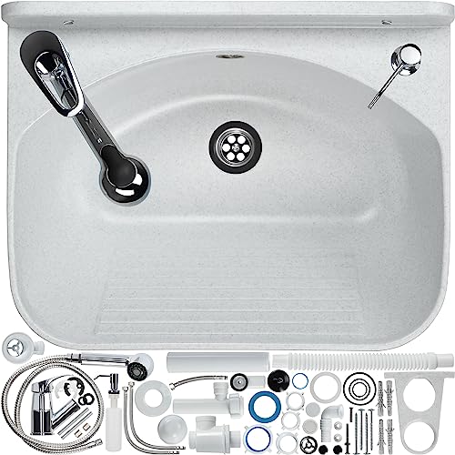GOSPO Ausgussbecken mit ausziehbarer Armatur, Seifenspender, Siphon, Waschbecken 46 x 36 x 20 cm, für Garage, Keller, Waschtrog, Wandmontage, in Platte, Spülbecken inkl. Zubehör (weiß)