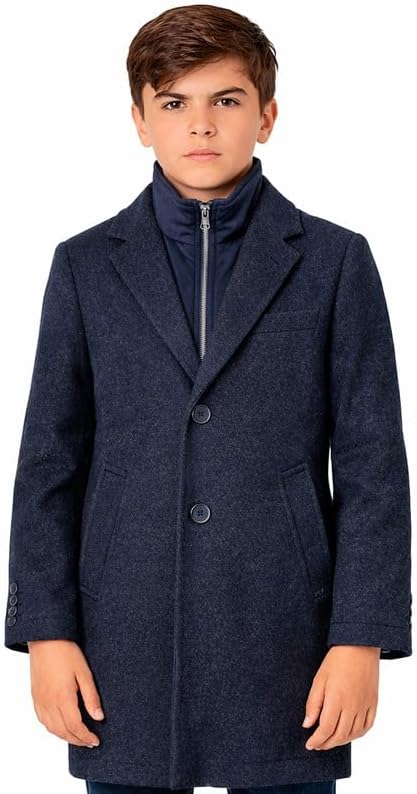 Adam Baker Boy's Coat | Winter Jacket | Notched Collar Dress Coat for Boys | 3/4 Length Boys Overcoat with Removable Bib
