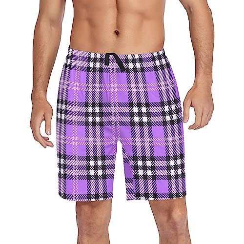 Mens Pajama Shorts Purple Plaid Sleep Shorts Men Tartan Pajama Bottoms With Pockets Drawstring Lounge S