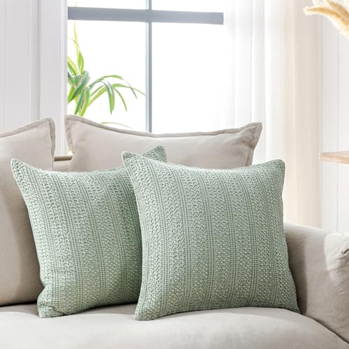 Image of Sage Green Pillow Covers 18x18 Boho Throw Pillow Covers Set of 2 Decorative Pillow Shams Stone Washed Cotton Pillowcase for Couch Sofa Chair Bed Car