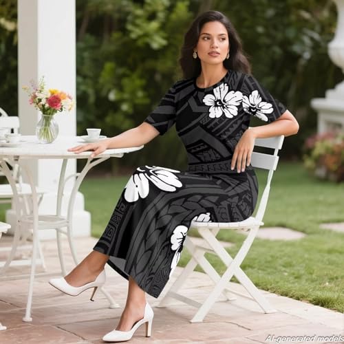 Image of Polynesian Dress for Women Short Sleeve High Waist Maxi Skirt | Puletasi dress, t-shirt and skirt two-piece, elastic material, lightweight, soft, plus size, luau party, wedding, clubwear