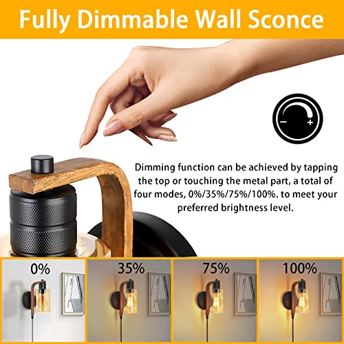 Image of Plug in Wall Sconces Set of Two with Touch Switch Vintage Dimmable Plug in Wall Lights Fixtures with Amber Glass Wall Mounted Bedside Lamps for Bedroom Nightstand Headboard Reading Living Room
