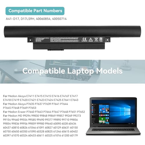K KYUER 45Wh A41-D17 Batterij voor Medion Akoya E7411 E7415 E7416 E7417 E7418 E7419 E7420 E7421 E7421 E7423 E7424 E7425 P7637 P7639 P7641 P7645 P7653 Erazer P7640 P7643 P7644 P7647 P7648 P7651 P7652 - Afbeelding 4