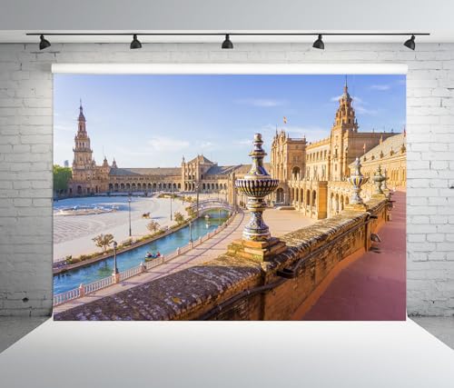 BELECO 4.6x3m Fondo de Tela con diseño de la Plaza de España en el Parque María Luisa de Sevilla. Ideal para fotografía, Fiestas temáticas de Viajes a España y decoración de Estudio fotográficos.