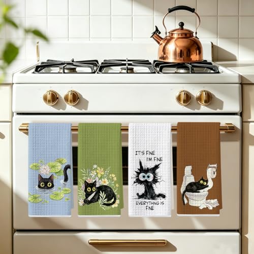 Image of 4 Pcs Funny Black Cat Kitchen Towels 24x14 Inch, Cats Gifts Reusable Dish Towels for Kitchen Bathroom Home Decor, Waffle Weave Absorbent Hand Cloth Tea Towel, Cute Cat Lover Gifts for Women Mom Friend