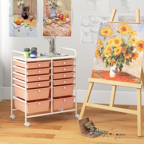Image of LDAILY 12 Drawer Rolling Storage Cart, Craft Cart Organizer on Wheels w /Metal Frame, Large Capacity & Smooth Drawer, Rolling Cart w /Drawers for Classroom, Office