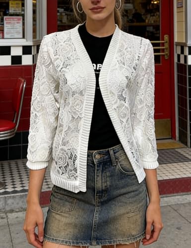 Image of FindThy Women's Casual Summer Lace Cardigan Open Front 3 /4 Sleeve Solid Lace Shrug Cover Up