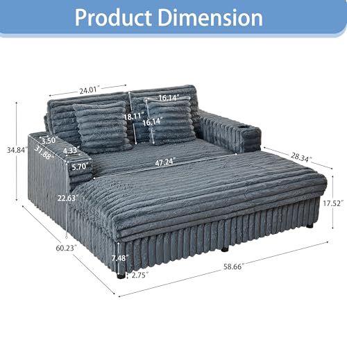Image of 58'' Plush Faux Rabbit Fur Chaise Loveseat with Charging Station & Cup Holder and Pillows, Upholstered Corduroy Chaise Loveseat Sofa Recliner Longue Indoor Couch for Living Room, Bedroom, BLue Grey