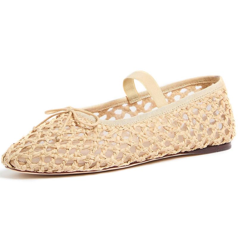 AMINUGAL Raffia Ballet Flats Shoes for Women Mesh Mary Jane Flats Bows Round Toe Ballerina Flats Espadrilles Fishnet Flats Shoes Women Dressy Comfortable Retro Casual Stretch Band Shoes