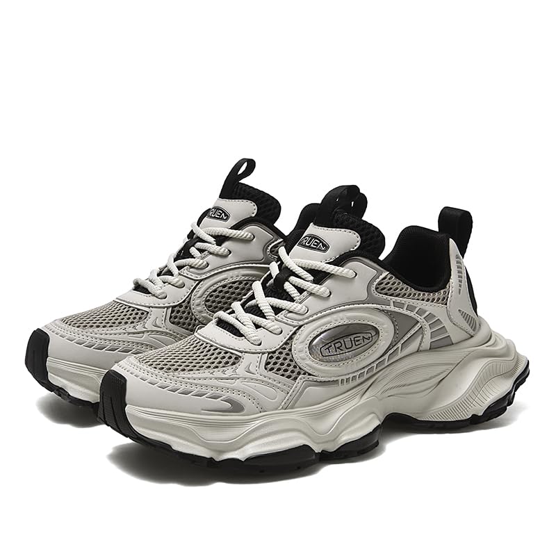 Women Retro Chunky Platform Sneakers Spring Mesh Lace-Up Thick Sole Comfortable Casual Dad Shoes Youth Fashion Daily Wear White Leather Walking Shoes (gray, Adult, Women's, 10.5, Digital, US Shoe System, M (Medium))