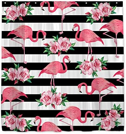 Onecmore Flamingo Shower Curtain Black White Stripe with Pink Floral Tropical Animal Modern Art for Home Bathroom Decor Fabric Polyester Bathtub Shower Curtains with Hooks Durable 72"x72"