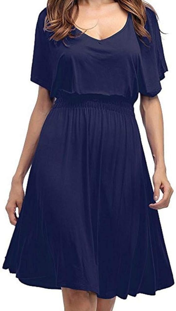 Summer Dresses Women Short V Solid Neck Sleeve Color Waistline Simple