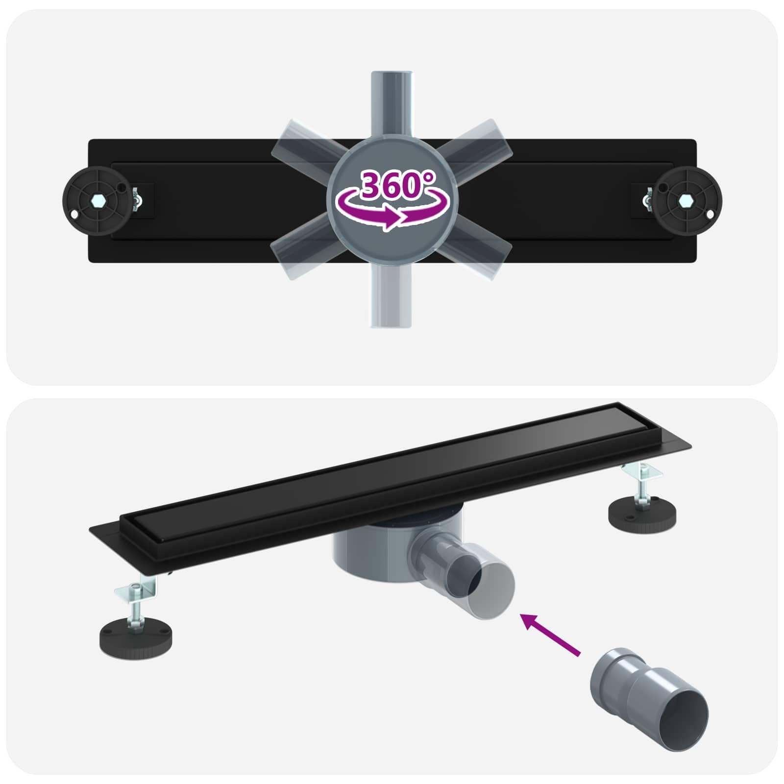 Duschablauf 2-in-1 mit 360° Siphon Schwarz aus Edelstahl 304, 50 cm lang, höhenverstellbar 0-30 mm, fliesenfähig, für Bad und Innenbereich, geruchsverschluss und abfluss mit Zubehör