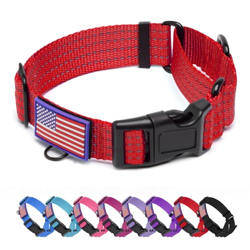 Image of Martingale Dog Collar Reflective NO Pull with USA Flag, M,Red