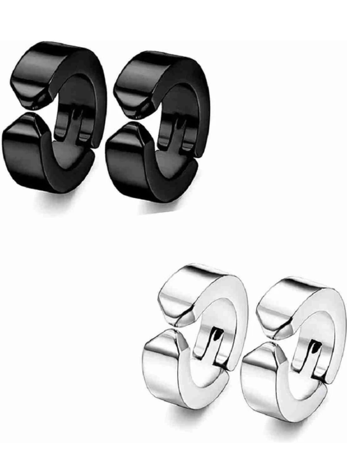 Trendy Black And Silver Round Shaped Press Non-Piercing Style Clip On Metal Barbell Earring Hoop Bali Stud For Men And Women,2 pairs-image-46