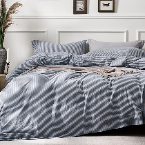 JELLYMONI Cotton Duvet Cover Queen Size - Blue Vertical Pinstriped Comforter Cover with Button 100% Washed Cotton 3PCS Breathable Soft Solid Bedding Set Duvet Cover 90×90in & 2 Pillowcases