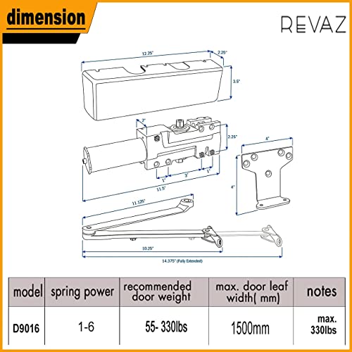 Revaz Extra Heavy Duty Commercial Door Closer D9016 Bc Function 4040Xp, Ul Listed, Fireproof Plastic Cover, Adjustable Size 1-6, Grade 1, Cast Iron, Most Durable Surface-Mounted (Silver-Pack Of 1) #TOP6