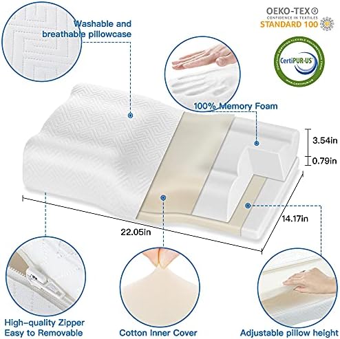 Elviros Cervical Memory Foam Pillow for Sleeping, Adjustable Orthopedic Contour Neck Support Pillows for Pain Relief, Ergonomic Bed Pillow for Back, Side, Stomach Sleepers (White)