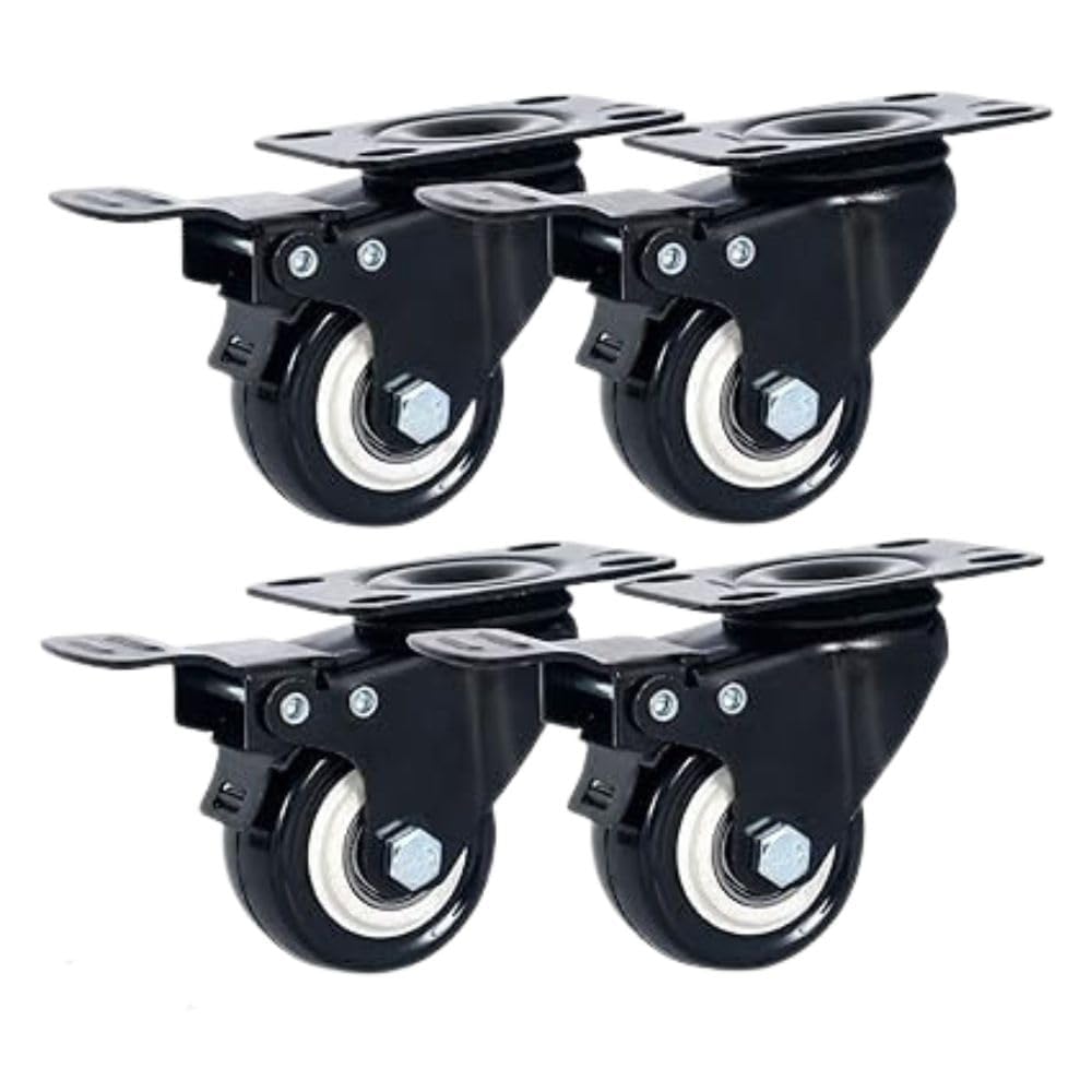 Nisma Engineering Heavy Duty Caster Wheels Soft Rubber Swivel 1.5" with 360 Degree Plate Fittings 2 with Brakes & 2 Swivels 300Kg Load, movement casters rollers paiye
