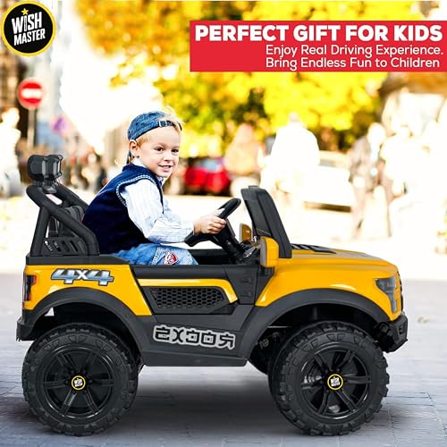 Image of Wishmaster Driving 4 Motor EV Cars for 1, 2, 3, 4, 5, 6 Years | Remote + Steering + Mobile App Control | Kids Jeeps (Medium Size F-Raptor [1-8 Year Kids], Yellow)