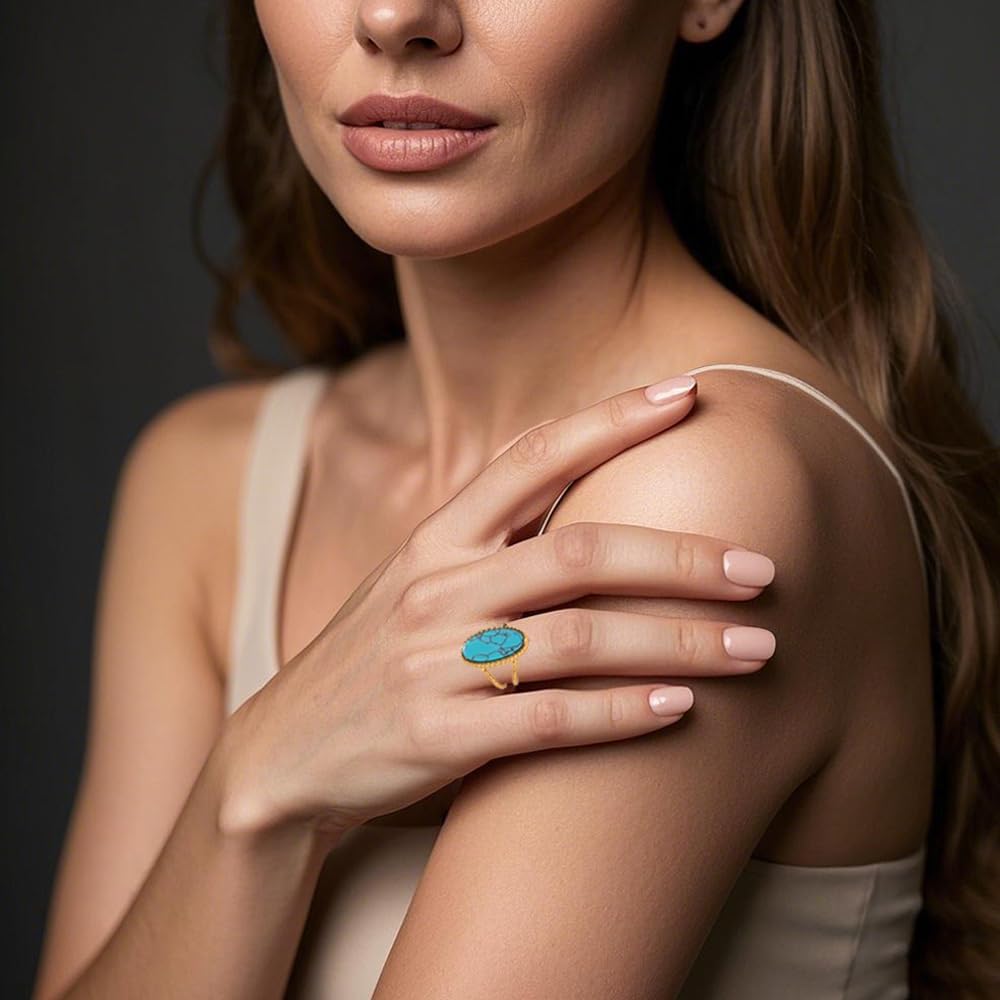LadayPoa Turquoise Ring for Women, 18k Gold Plated Adjustable Western Rings, Vintage Blue Stone Statement Ring Boho Accessory - Image 6