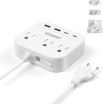 Unidapt Cruise Approved Power Strip, Non Surge, US to Europe Plug Adapter | USB-C Cord, 4 USB Ports, 3 AC Outlets, 5ft Extension, Wall Mountable European Travel Adaptor for Ship Cabin, Home