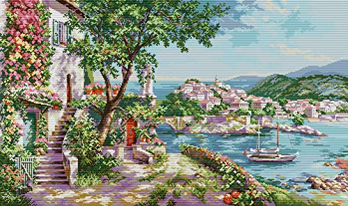 Broderie point de croix paysage méditerranéen pour décoration salon