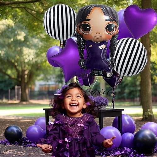 Image of 31 inch Gothic Cartoon Girl & Mixed Gothic Balloon Set: 5pcs Foil Balloons Black Striped, Star, and Heart Purple Balloons for Mysterious Character theme Party, Birthday, Halloween, and Costume Parties