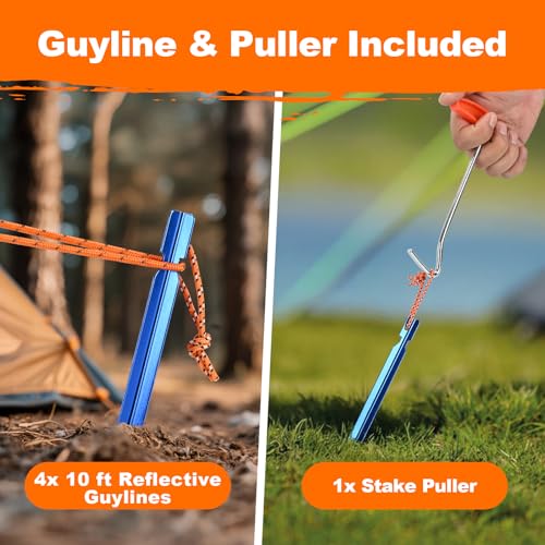 Owldacious 7 Inch Ultralight Aluminum Tent Stakes (8Pcs) – Includes 4X 10ft Guylines, Puller & Storage Bag. Non-Rust Metal Ground Spikes Tent Pegs for Camping.