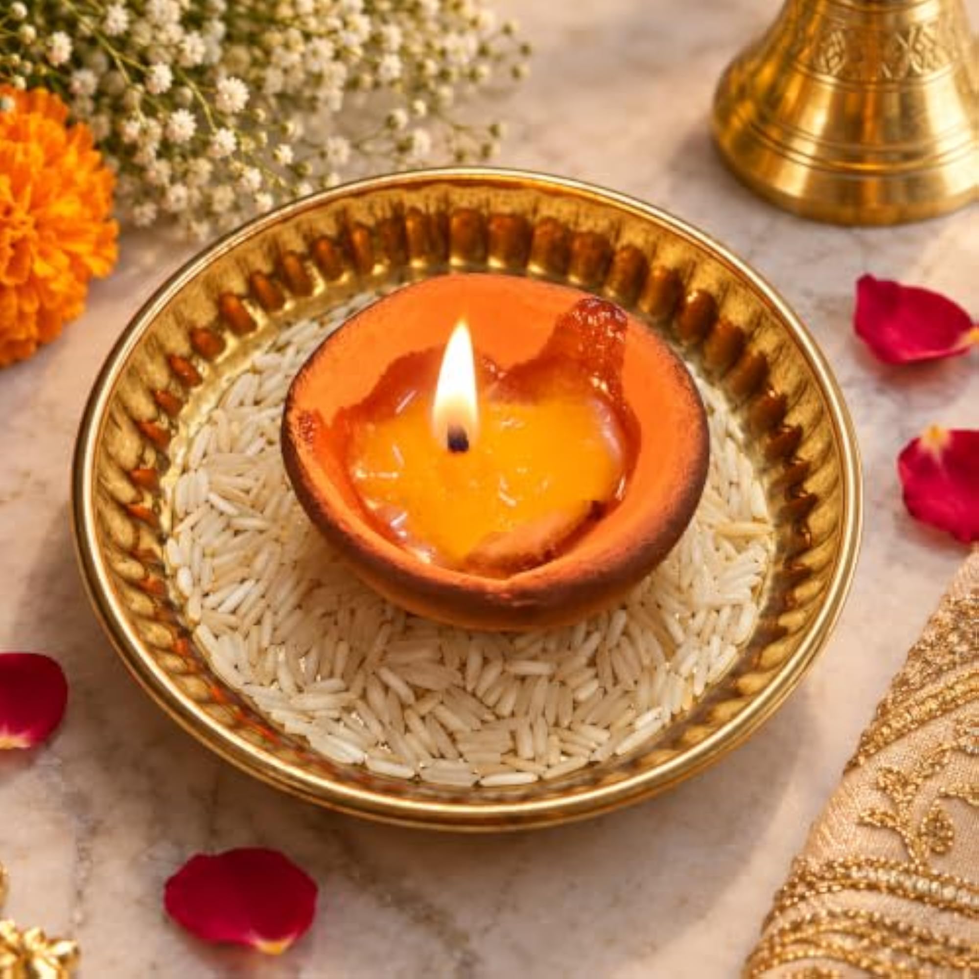 Engraved Flower Design Brass Pooja Thali