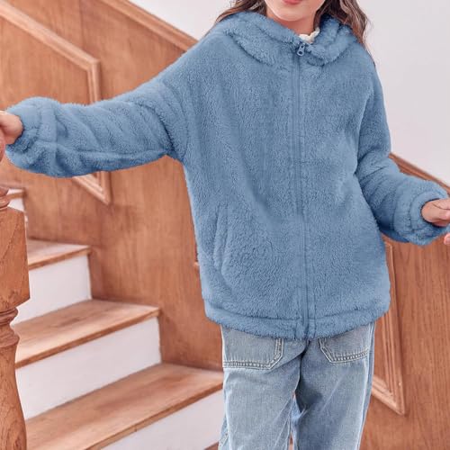 Girl's plush hooded zipper jacket for autumn and winter, warm and loose top, soft and comfortable, easy to match4