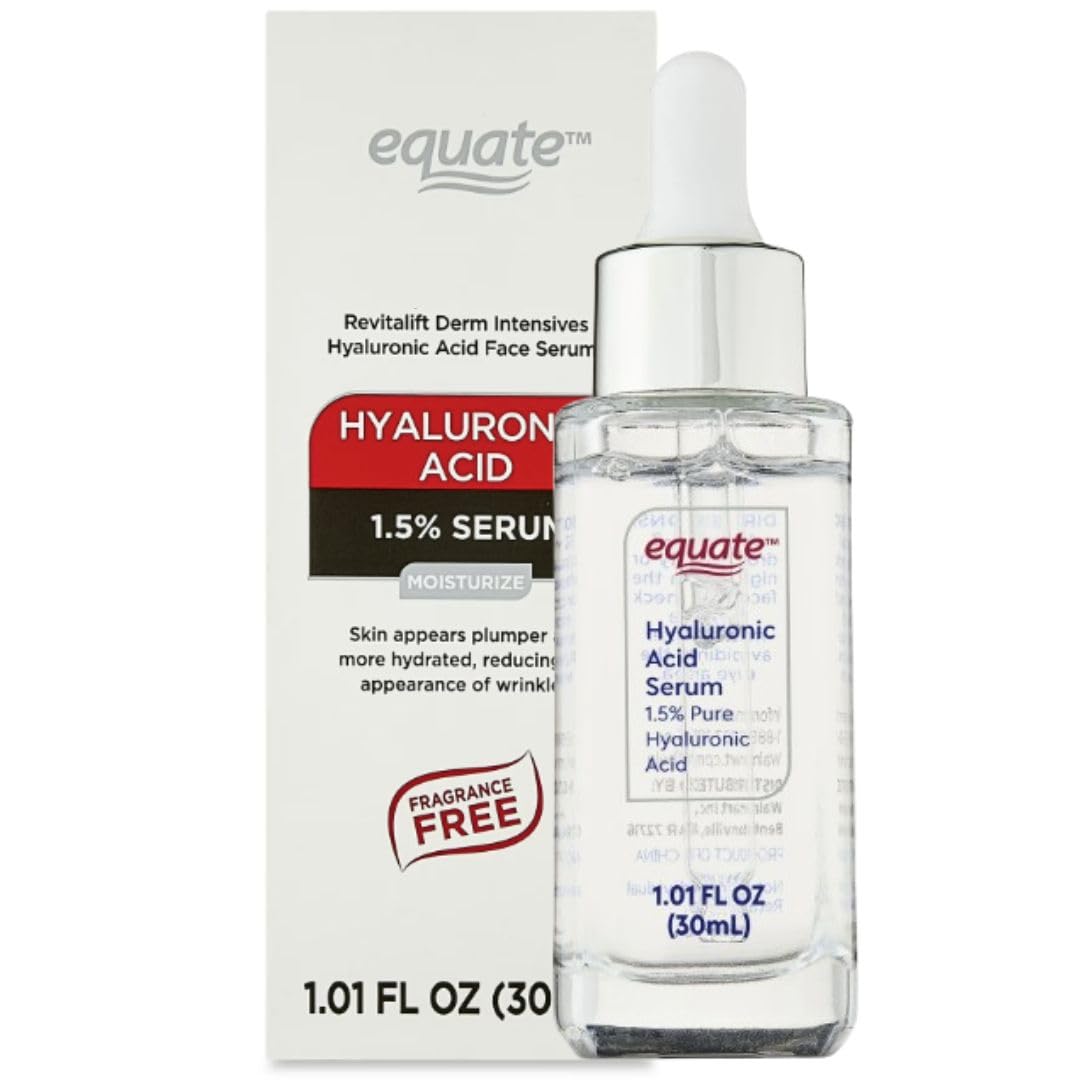 Equate Hyaluronic Acid Serum, 1.5% Pure Hyaluronic Acid, Fragrance Free, Dermatologist Tested, 1.01 FL OZ