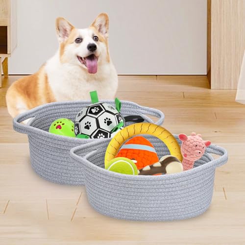 Image of ABenkle Small Basket with Handles, Boho Decorative Rope Woven Dog Cat Toy Storage Bin Shelf Storage Organizer, Easter Christmas Gift Basket, 12 inchx8 inchx5 inch